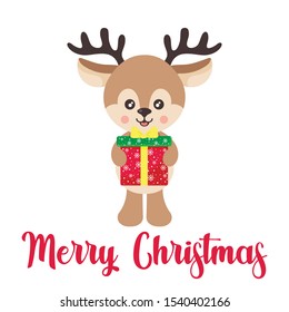 cartoon cute deer vector with christmas gift and text
