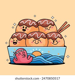 Caricatura linda deliciosa comida takoyaki