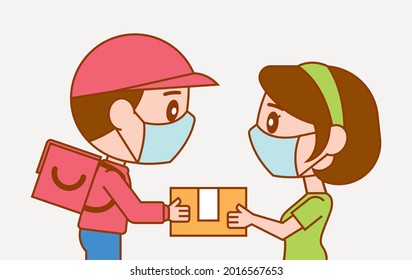 Cartoon cute delivery man giving parcel to woman customer with protected face mask - vector