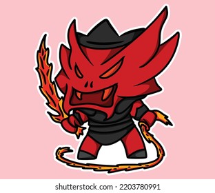 Cartoon Cute Demon King Fantasy Evil Warrior Standing With Medieval Weapon Fire Sword