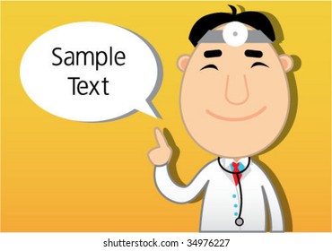 Cartoon cute dentist character vector illustration. Bubble talk icon. Yellow background.