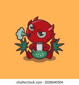 cartoon cute devil with cannabis. vector illustration for logo icon or sticker