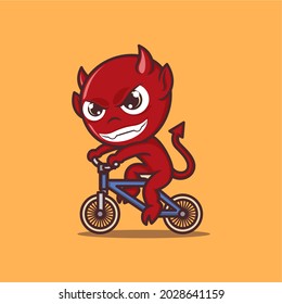 cartoon cute devil riding a bicycle. vector illustration for mascot logo or sticker