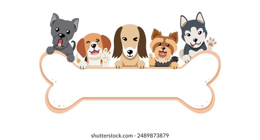 Cartoon cute different breeds of dogs with bone sign for design.