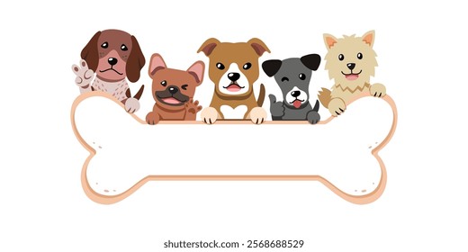 Cartoon cute different breeds of dogs with bone sign for design.