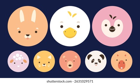 Desenho animado rostos diferentes de animais para o projeto de um balão de ar quente ou louça de mesa de crianças. Ilustração de vetor plano em um estilo simples. Conjunto de caracteres. Imagem do Applicque