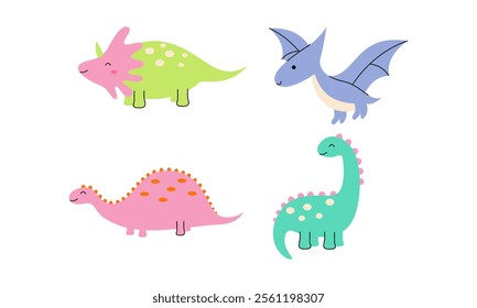 Cartoon cute dino characters. Little dinosaurs, color isolated dinosaur baby friend. Fashion babies wild animal, funny prehistoric nowaday vector animals