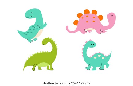 Cartoon cute dino characters. Little dinosaurs, color isolated dinosaur baby friend. Fashion babies wild animal, funny prehistoric nowaday vector animals