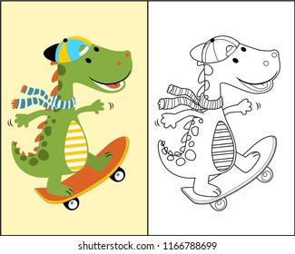 Cartoon of cute dino playing skateboard, coloring book or page 