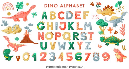 Cartoon cute Dinosaur alphabet. Dino font with letters and numbers. Children Vector illustration for t-shirts, cards, posters, birthday party events, paper design, kids and nursery design