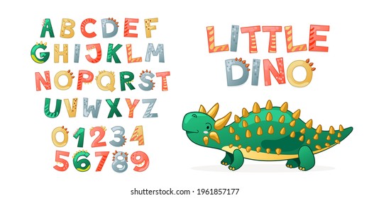 Cartoon cute Dinosaur alphabet. Dino font with letters and numbers. Children Vector illustration for t-shirts, cards, posters, birthday party events, paper design, kids and nursery design