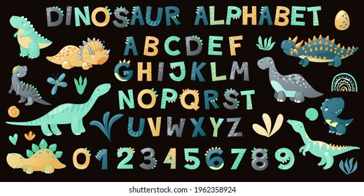 Cartoon cute Dinosaur alphabet. Dino font with letters and numbers. Children Vector illustration for t-shirts, cards, posters, birthday party events, paper design, kids and nursery design