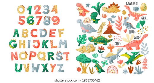 Cartoon cute Dinosaur alphabet. Dino font with letters and numbers. Children Vector illustration for t-shirts, cards, posters, birthday party events, paper design, kids and nursery design