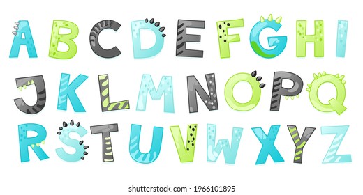 Cartoon cute Dinosaur alphabet. Dino font with letters. Children Vector illustration for t-shirts, cards, posters, birthday party events, paper design, kids and nursery design