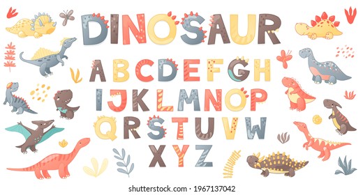 Cartoon cute Dinosaur alphabet. Dino font with letters . Children Vector illustration for t-shirts, cards, posters, birthday party events, paper design, kids and nursery design