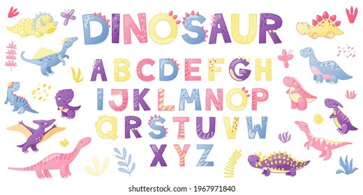 Cartoon cute Dinosaur alphabet. Dino font with letters . Children Vector illustration for t-shirts, cards, posters, birthday party events, paper design, kids and nursery design