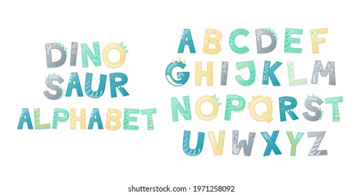 Cartoon cute Dinosaur alphabet. Dino font with letters. Children Vector illustration for t-shirts, cards, posters, birthday party events, paper design, kids and nursery design