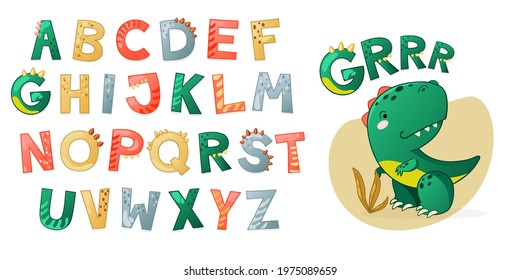 Cartoon cute Dinosaur alphabet. Dino font with letters. Children Vector illustration for t-shirts, cards, posters, birthday party events, paper design, kids and nursery design