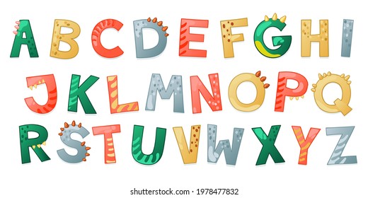 Cartoon cute Dinosaur alphabet. Dino font with letters. Children Vector illustration for t-shirts, cards, posters, birthday party events, paper design, kids and nursery design