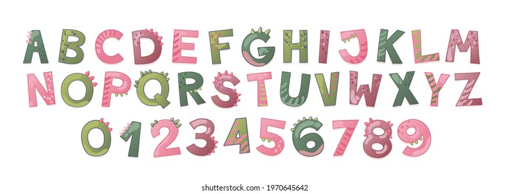 Cartoon cute Dinosaur alphabet for girl. Dino font with letters and numbers. Children Vector illustration for t-shirts, cards, posters, birthday party events, paper design, kids and nursery design