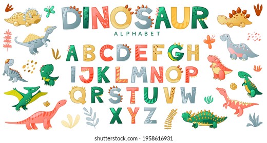 Cartoon cute dinosaur alphabet. Vector illustration with dino for t-shirts, cards, posters, birthday party, paper design, kids and nursery design.