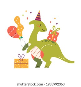 Cartoon cute dinosaur for birthday party. Baby Dino with balloons and presents. Jurassic colorful animal for baby shower and invitation. Prehistoric dragon in nordic style. 