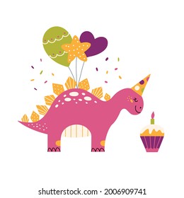 Cartoon cute dinosaur for birthday party. Baby Dino stegosaurus with balloons and cupcake. Jurassic colorful animal for baby shower and invitation. Prehistoric dragon in nordic style. 