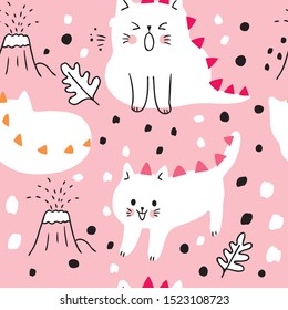 Cartoon cute dinosaur cat seamless pattern vector.