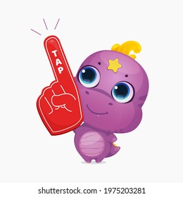 Cartoon cute dinosaur with cheerleader glove. Little sweet dino kid character shows tap tap. Creative layout for social media blogging. Vector illustration.