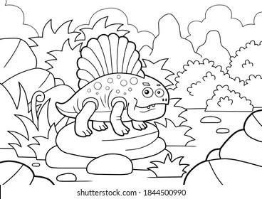 cartoon cute dinosaur dimetrodon, coloring book, funny illustration