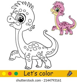 Caricatura adorables diplodocumentos de dinosaurios. Colorear la página del libro con una plantilla colorida para los niños. Ilustración aislada del vector. Para colorear libros, impresos, juegos, fiestas, diseño