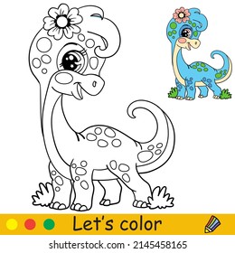 Caricatura lindo dinosaurio diplodocumenta chica con flor. Colorear la página del libro con una plantilla colorida para los niños. Ilustración aislada del vector. Para colorear libros, impresos, juegos, fiestas, diseño