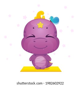 Cartoon cute dinosaur doing yoga on a yellow mat. Little sweet dino kid character. Yoga time. Vector illustration.
