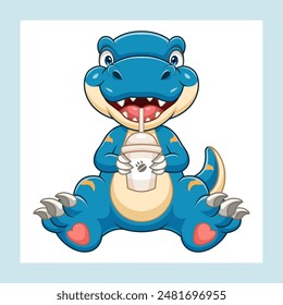 Cartoon Cute dinosaur drink a coffee ice 