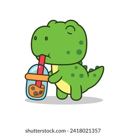 Cartoon Cute Dinosaur Drinking Adorable Boba , Vector Illustrator