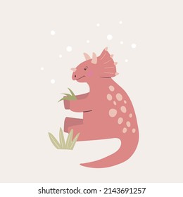 Cartoon cute dinosaur eats a plant vector illustration. Hand drawn characters reptiles and leaves kids poster. 