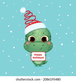 Cartoon cute dinosaur holding poster happy holidays. Dragon wears red santa hat. Little kid character. Vector illustration.