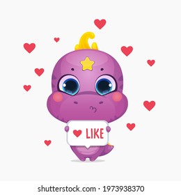 Cartoon cute dinosaur holding a sign with heart and like. Little kissing dino kid character. Vector illustration.