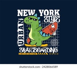 cartoon cute dinosaur playing Skateboard urban t shirt print design, vector illustration