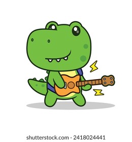 Cartoon cute dinosaur playing a very adorable guitar