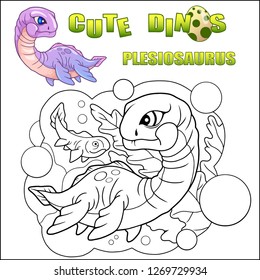 cartoon cute dinosaur plesiosaurus coloring book funny illustration