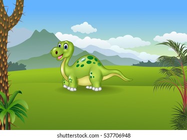 Cartoon cute dinosaur posing with the prehistoric background