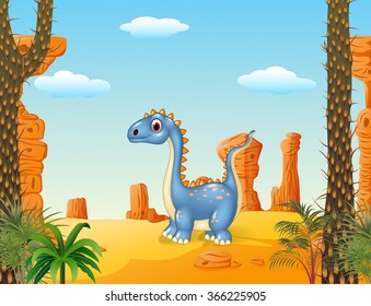 Cartoon cute dinosaur with prehistoric background