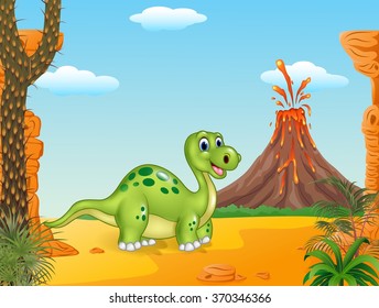 Cartoon cute dinosaur with the prehistoric background