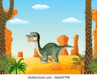 Cartoon cute dinosaur with prehistoric t background