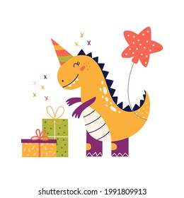 Cartoon cute dinosaur T-Rex for birthday party. Baby Dino tyrranosaurus with balloons and presents. Jurassic colorful animal raptor for baby shower and invitation. Prehistoric dragon in nordic style. 