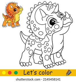 Cartoon cute dinosaur triceratops. Coloring book page with colorful template for kids. Vector isolated illustration. For coloring book, print, game, party, design