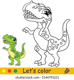 Cartoon cute dinosaur tyrannosaurus. Coloring book page with colorful template for kids. Vector isolated illustration. For coloring book, print, game, party, design