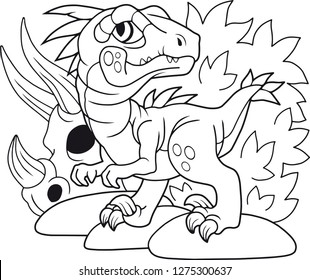 cartoon cute dinosaur velociraptor, coloring book, funny illustration