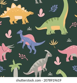 Cartoon süße Dinosaurier unter tropischen Pflanzen. Nahtloses Muster für Kinder. Farbige wiederholt prähistorische Tiere auf grünem Hintergrund. Handgezeichnete Vektorgrafik im modernen, trendigen Stil.